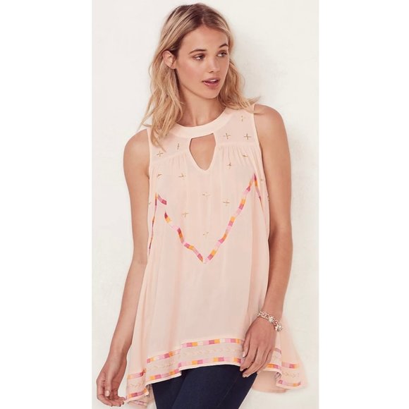 LC LAUREN CONRAD Peach Pink Embroidered Keyhole Tunic - Picture 1 of 6